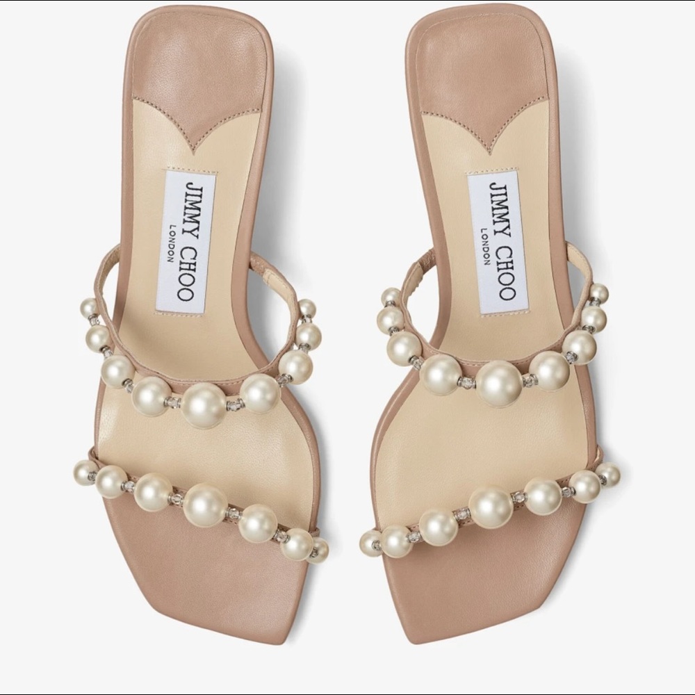 JIMMY CHOO Amara 45 - Ballet pink nappa leather mules with pearl embellishment